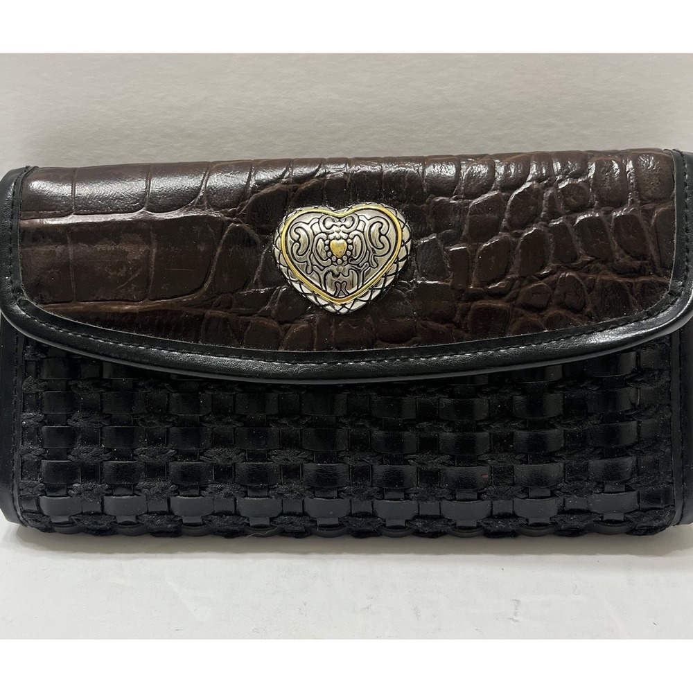 Vintage Two-Tone Embossed Leather Wallet Brown Black Silver Tone Heart Concho